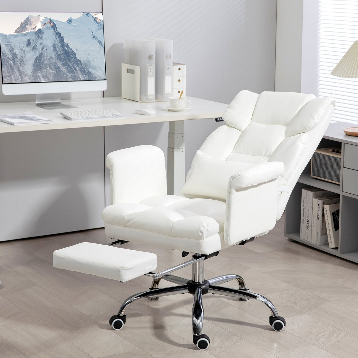 Office chair, ergonomic desk chair with reclining function, lumbar cushion, height-adjustable computer chair with footrest, swivel function, for home office, faux leather, white