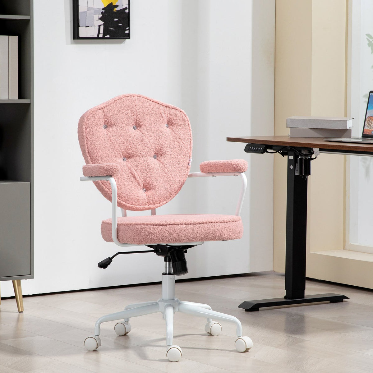 Office chair, ergonomic desk chair with rocker function, buttoned cover, height-adjustable computer chair with swivel function, for home office, teddy bear fleece, pink