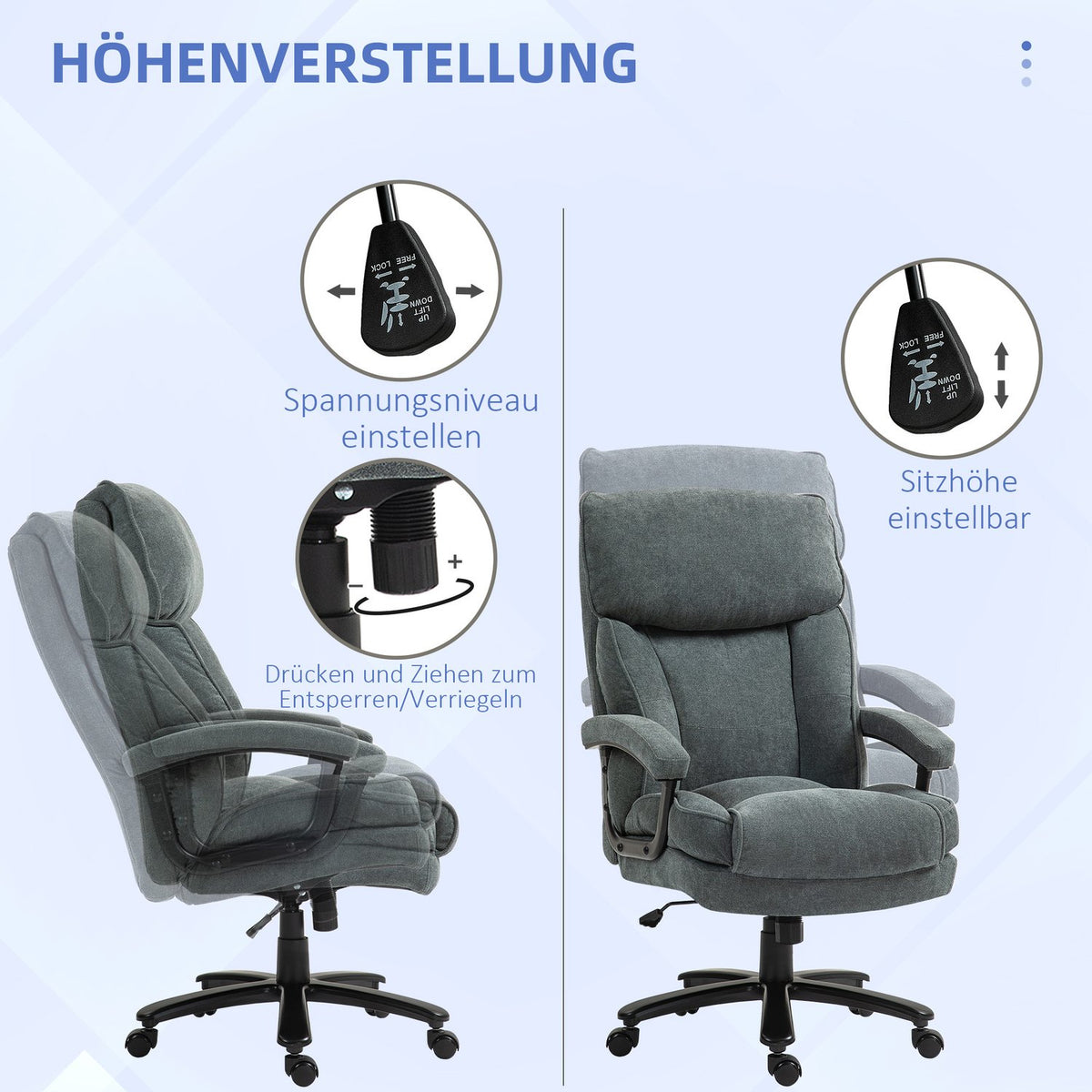 Office chair, ergonomic desk chair with rocker function, linen look, height-adjustable PC chair with swivel function, thick cushions, load capacity up to 200 kg, for home office, gray