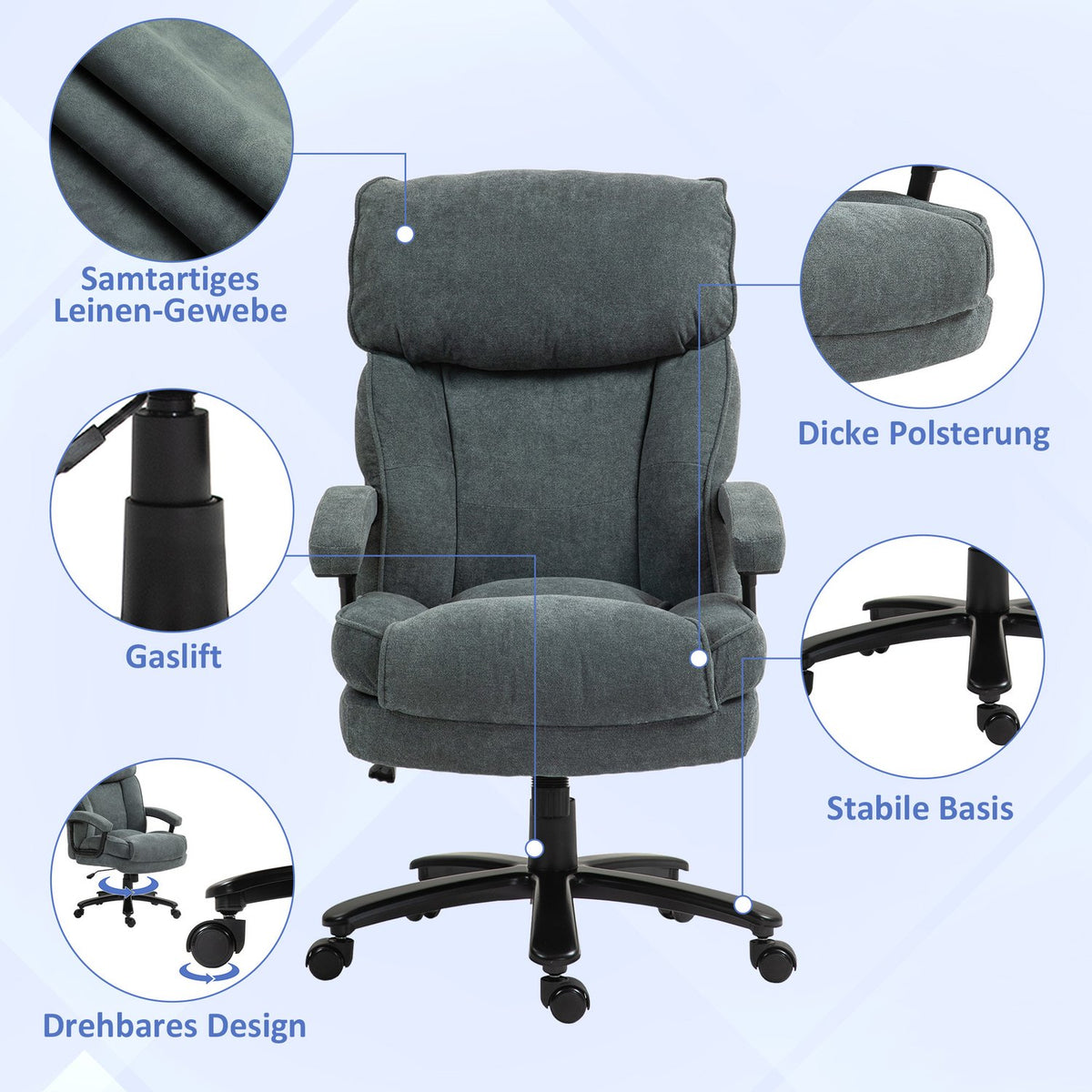 Office chair, ergonomic desk chair with rocker function, linen look, height-adjustable PC chair with swivel function, thick cushions, load capacity up to 200 kg, for home office, gray