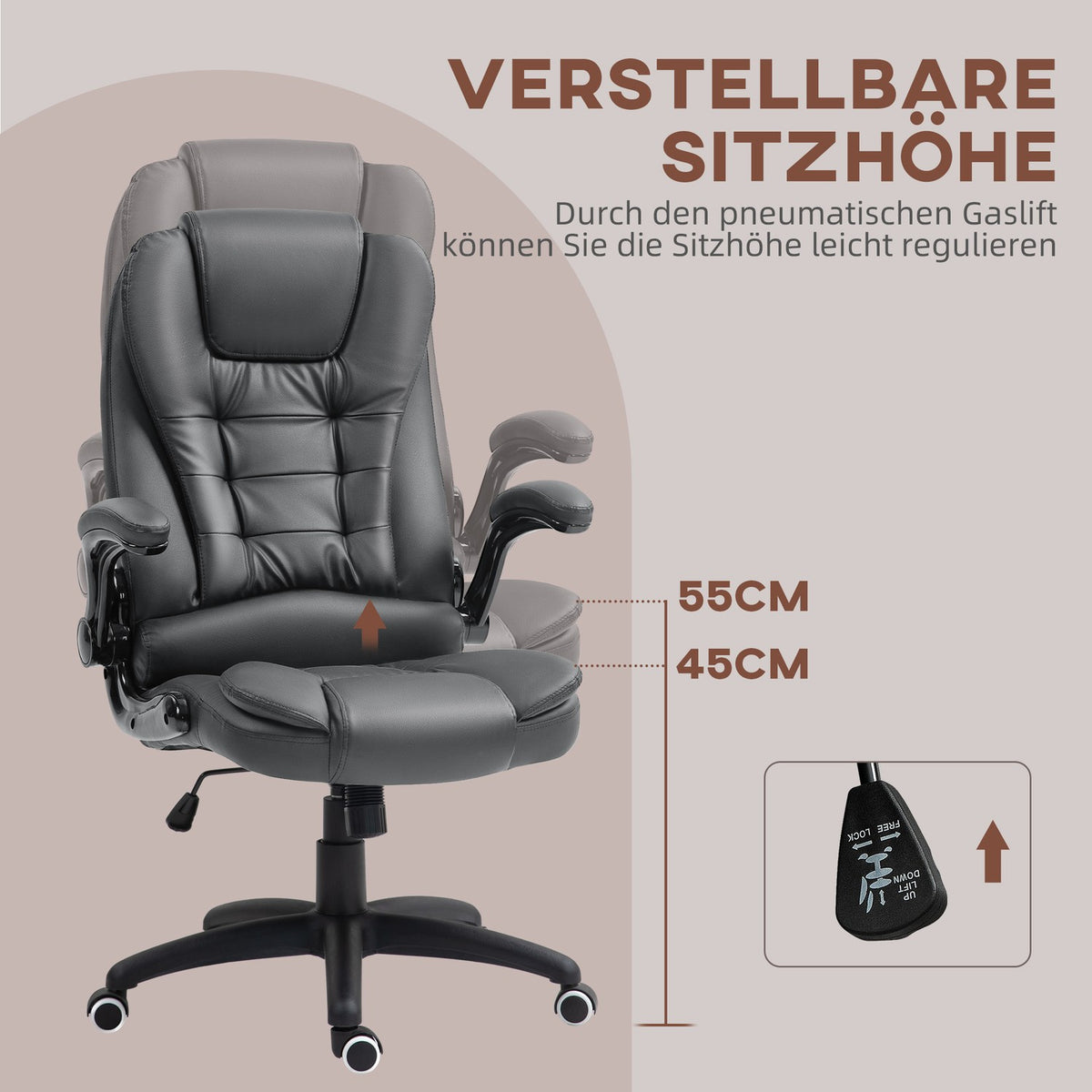 Office chair, ergonomic executive chair with rocker function, fold-up armrest, height-adjustable desk chair with swivel function for home office, faux leather, dark gray