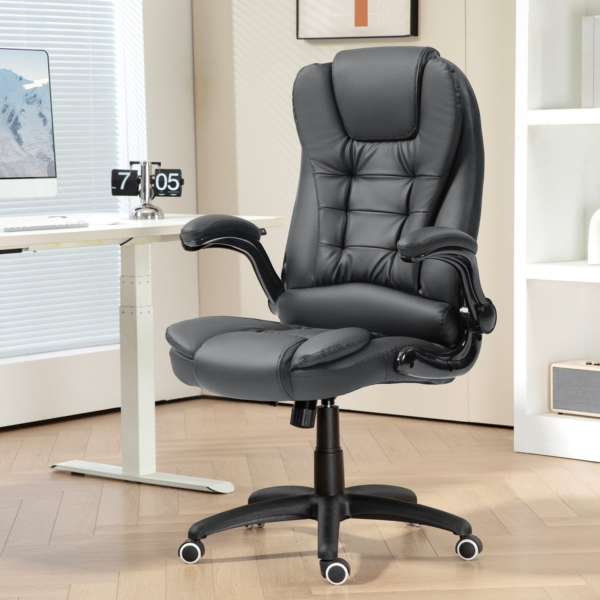 Office chair, ergonomic executive chair with rocker function, fold-up armrest, height-adjustable desk chair with swivel function for home office, faux leather, dark gray