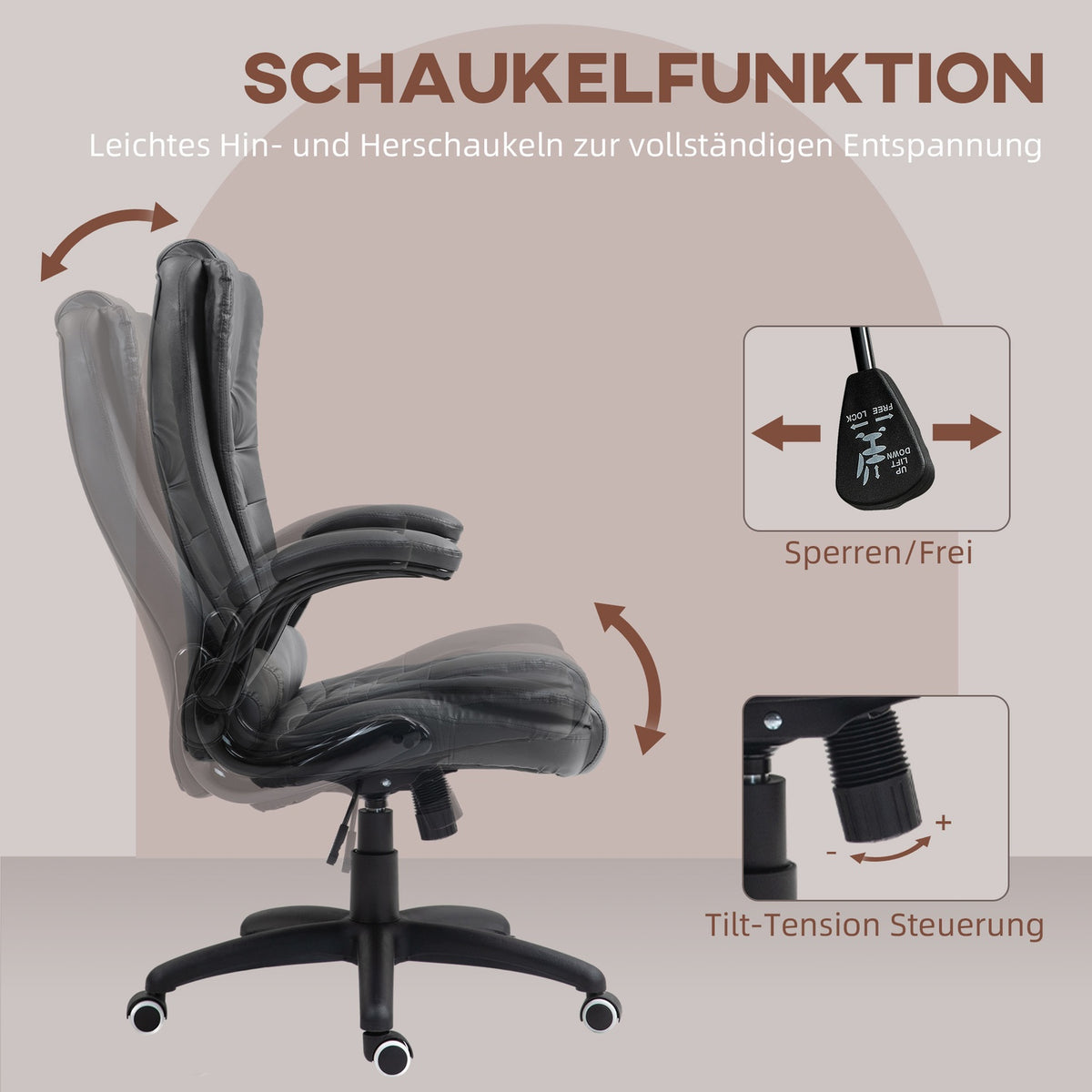Office chair, ergonomic executive chair with rocker function, fold-up armrest, height-adjustable desk chair with swivel function for home office, faux leather, dark gray
