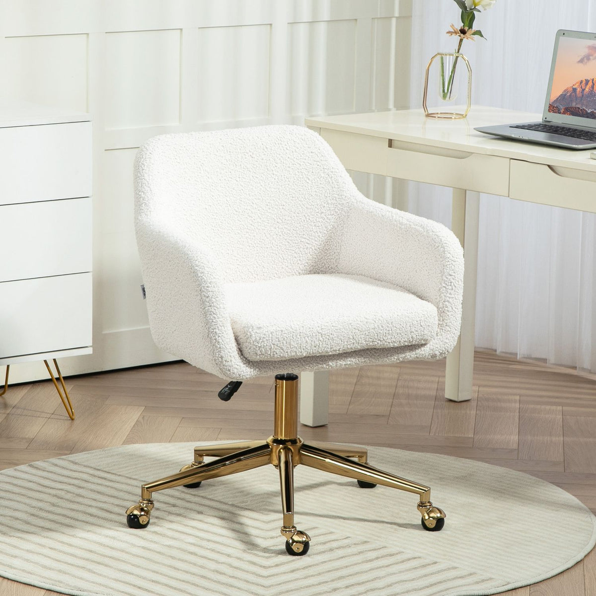 Office chair, height-adjustable desk chair, relaxation chair with steel frame, swivel chair with velvet look, for office, study, cream white
