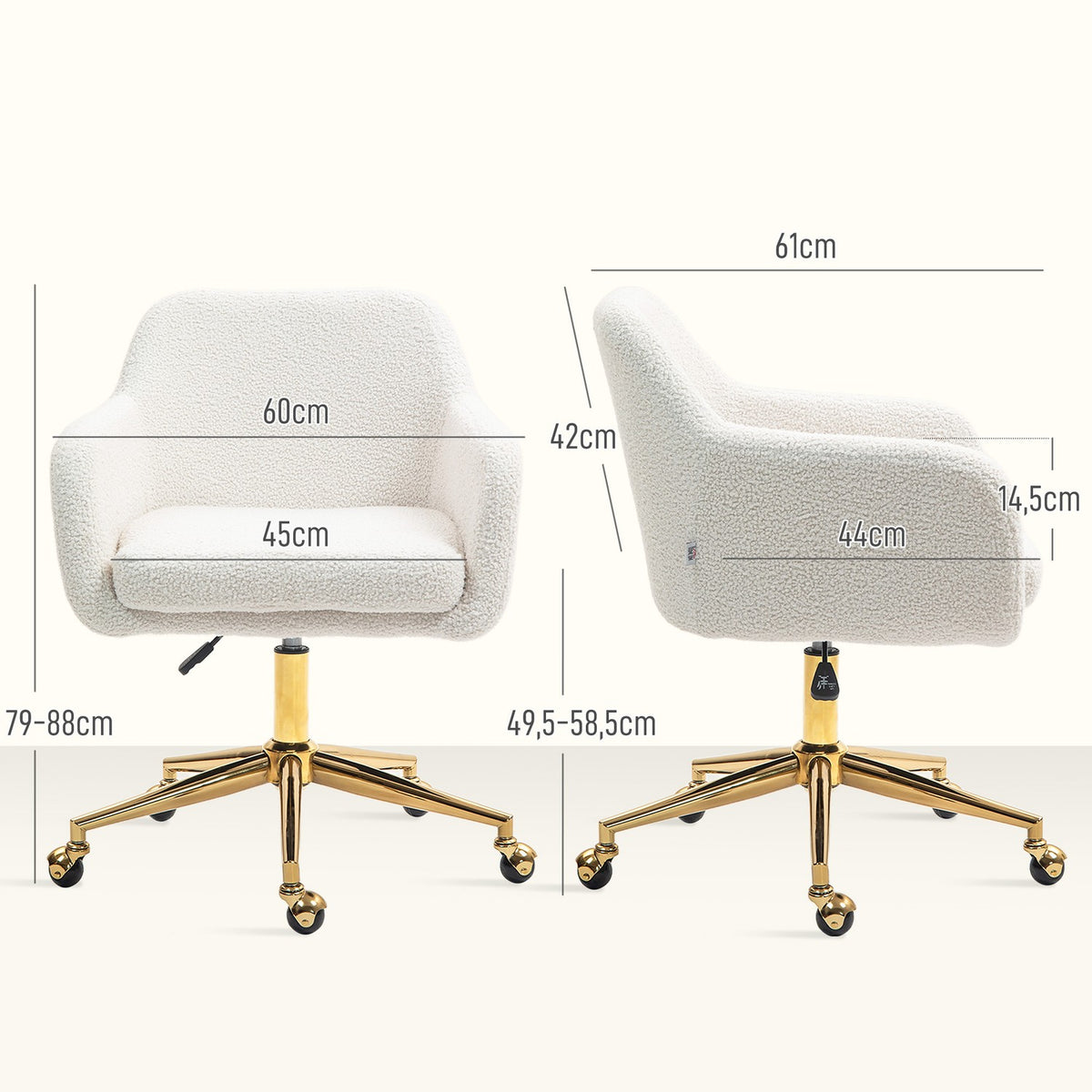 Office chair, height-adjustable desk chair, relaxation chair with steel frame, swivel chair with velvet look, for office, study, cream white