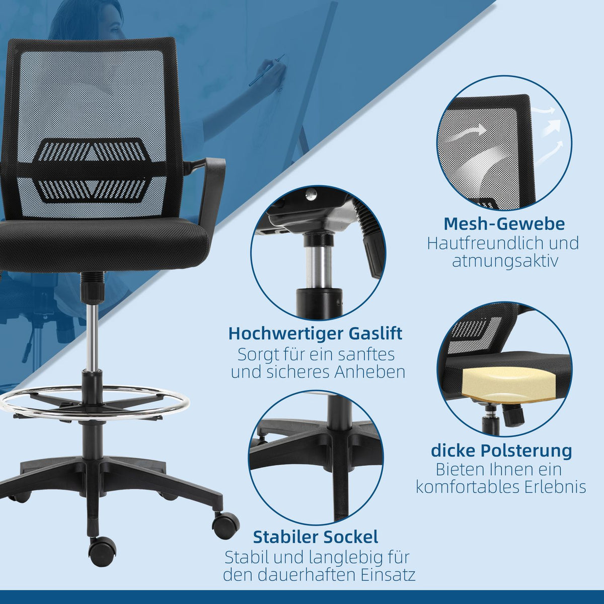 Office chair, height-adjustable desk chair with footrest, mesh backrest, rollable, plastic, black