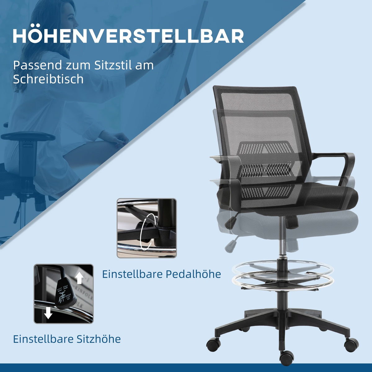 Office chair, height-adjustable desk chair with footrest, mesh backrest, rollable, plastic, black
