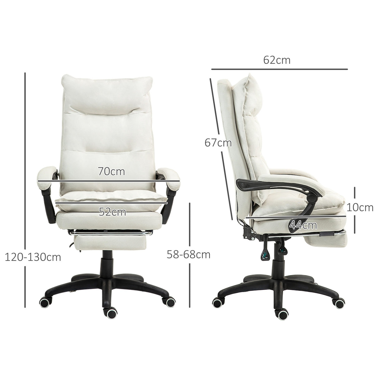Office chair with 6-point massage, ergonomic gaming chair with reclining function, height-adjustable executive chair with footrest, 120 kg load capacity, for study, office, cream white