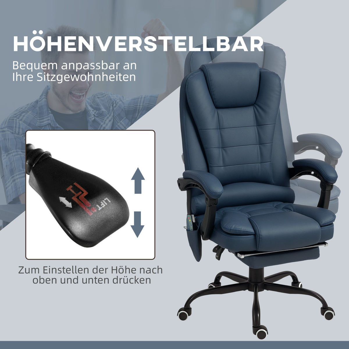 Office chair with 7-point massage, ergonomic office chair with reclining function, height-adjustable executive chair with remote control, 120 kg load capacity, for study, office, blue