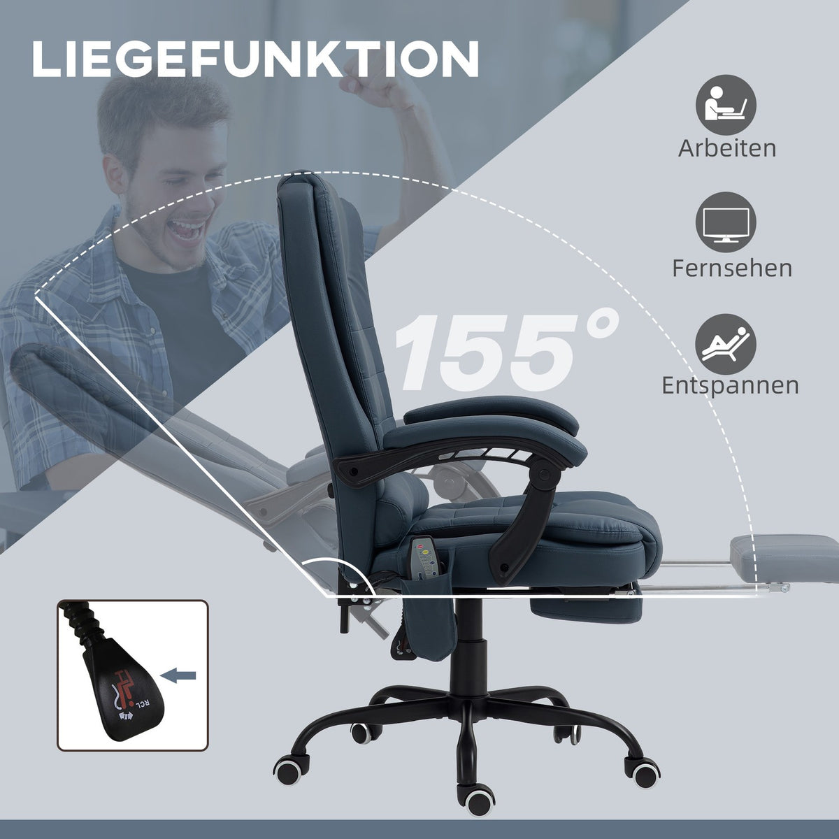 Office chair with 7-point massage, ergonomic office chair with reclining function, height-adjustable executive chair with remote control, 120 kg load capacity, for study, office, blue