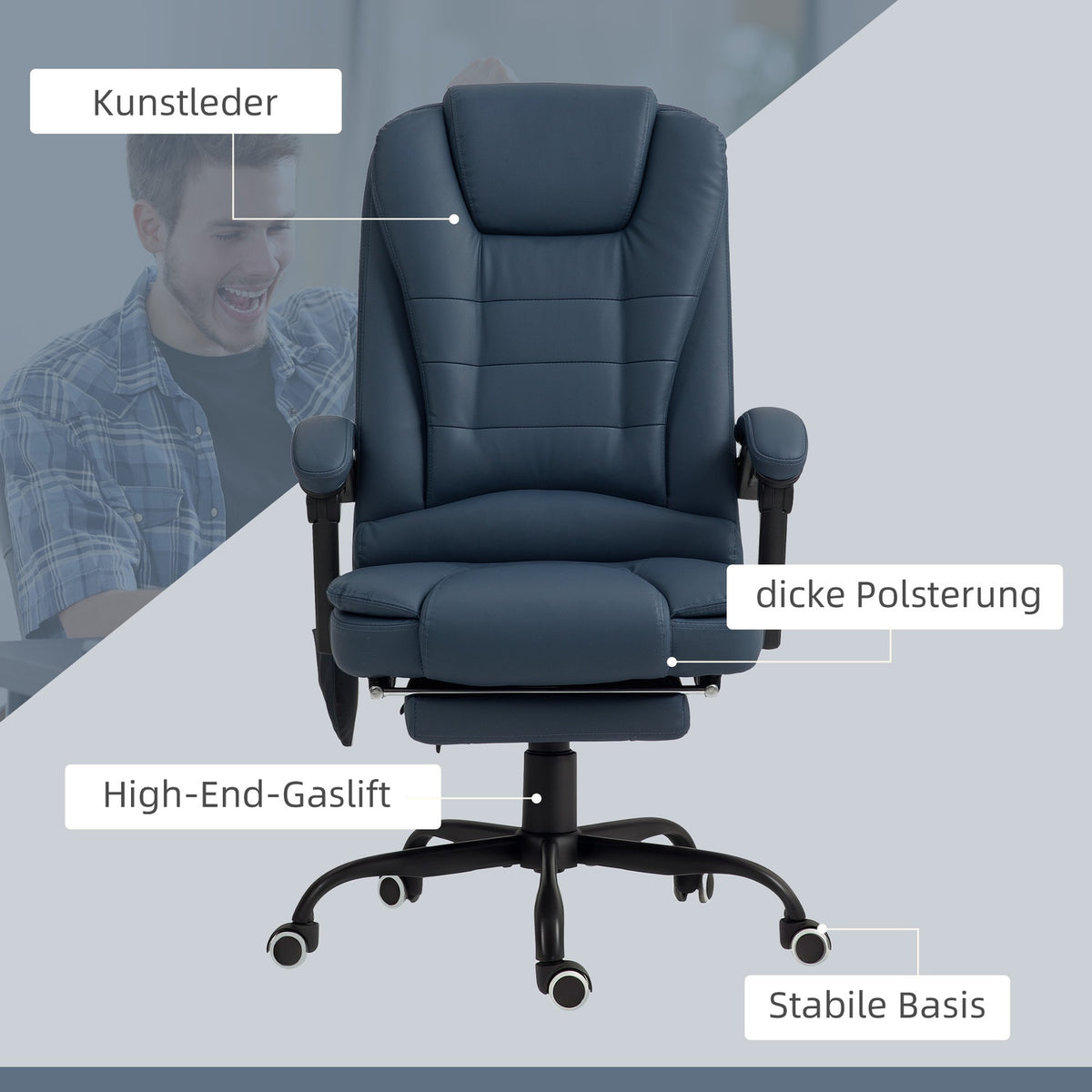 Office chair with 7-point massage, ergonomic office chair with reclining function, height-adjustable executive chair with remote control, 120 kg load capacity, for study, office, blue