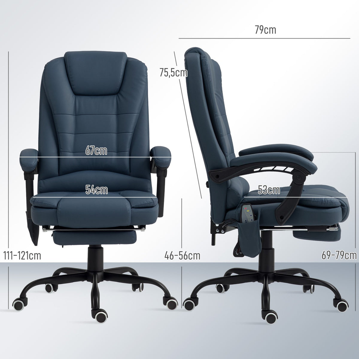 Office chair with 7-point massage, ergonomic office chair with reclining function, height-adjustable executive chair with remote control, 120 kg load capacity, for study, office, blue