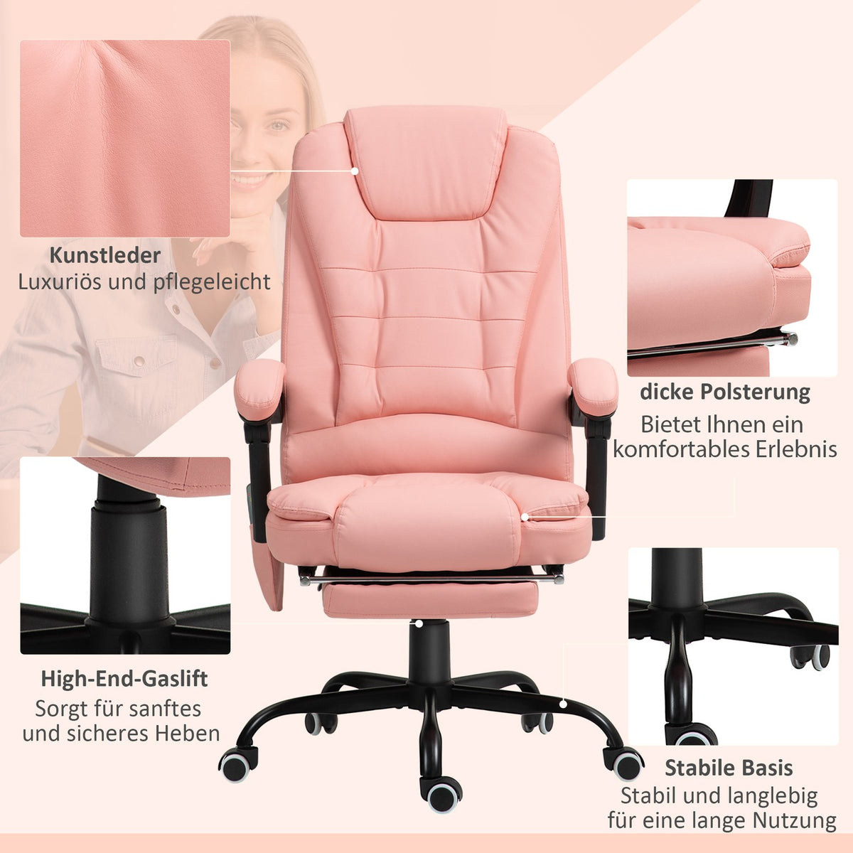 Office chair with 7 point massage, ergonomic office chair with reclining function, height-adjustable executive chair with remote control, 120 kg load capacity, for study, office, pink