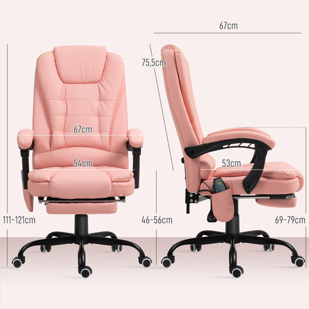 Office chair with 7 point massage, ergonomic office chair with reclining function, height-adjustable executive chair with remote control, 120 kg load capacity, for study, office, pink