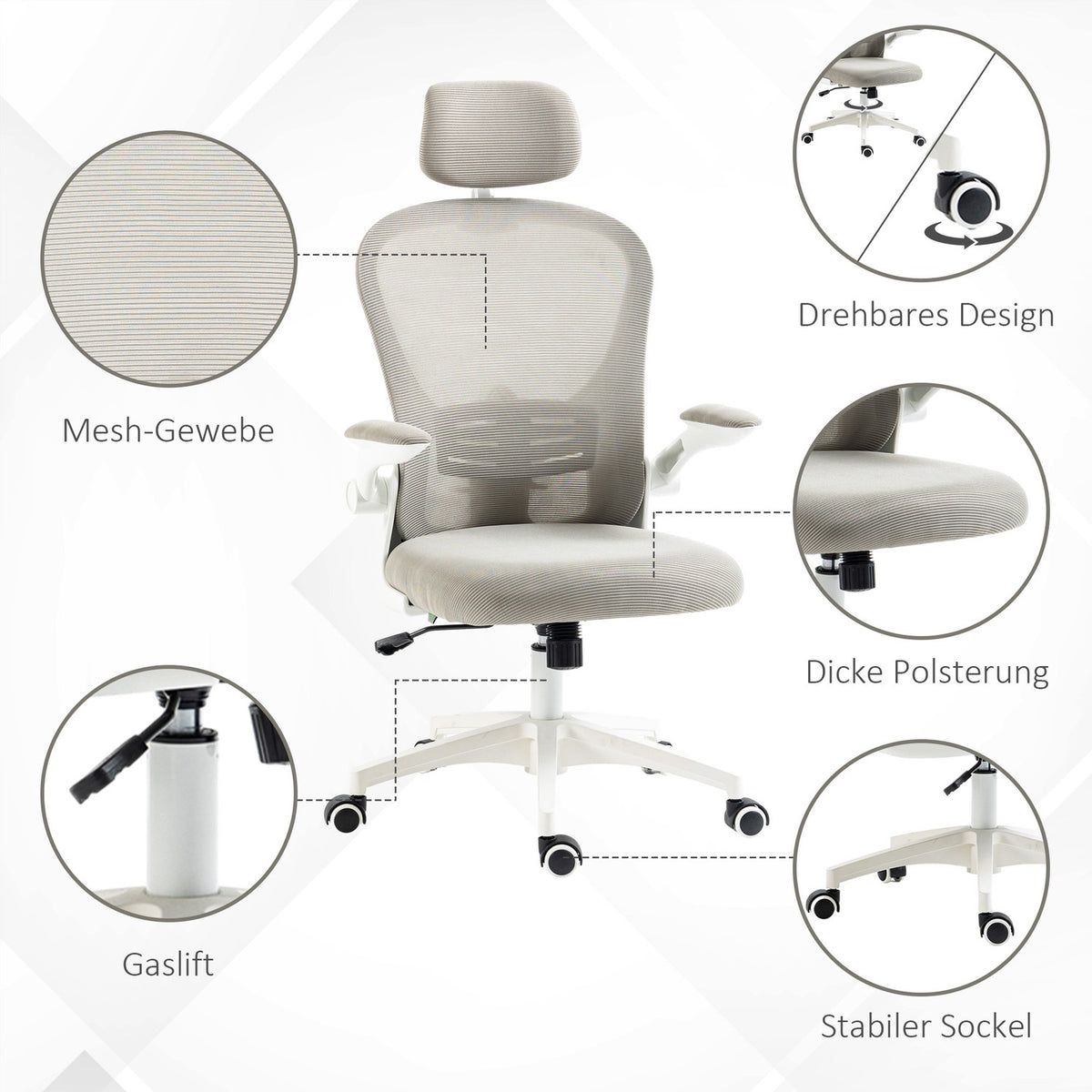 Office chair with adjustable headrest, ergonomic desk chair with fold-up arm, up to 120 kg, gray