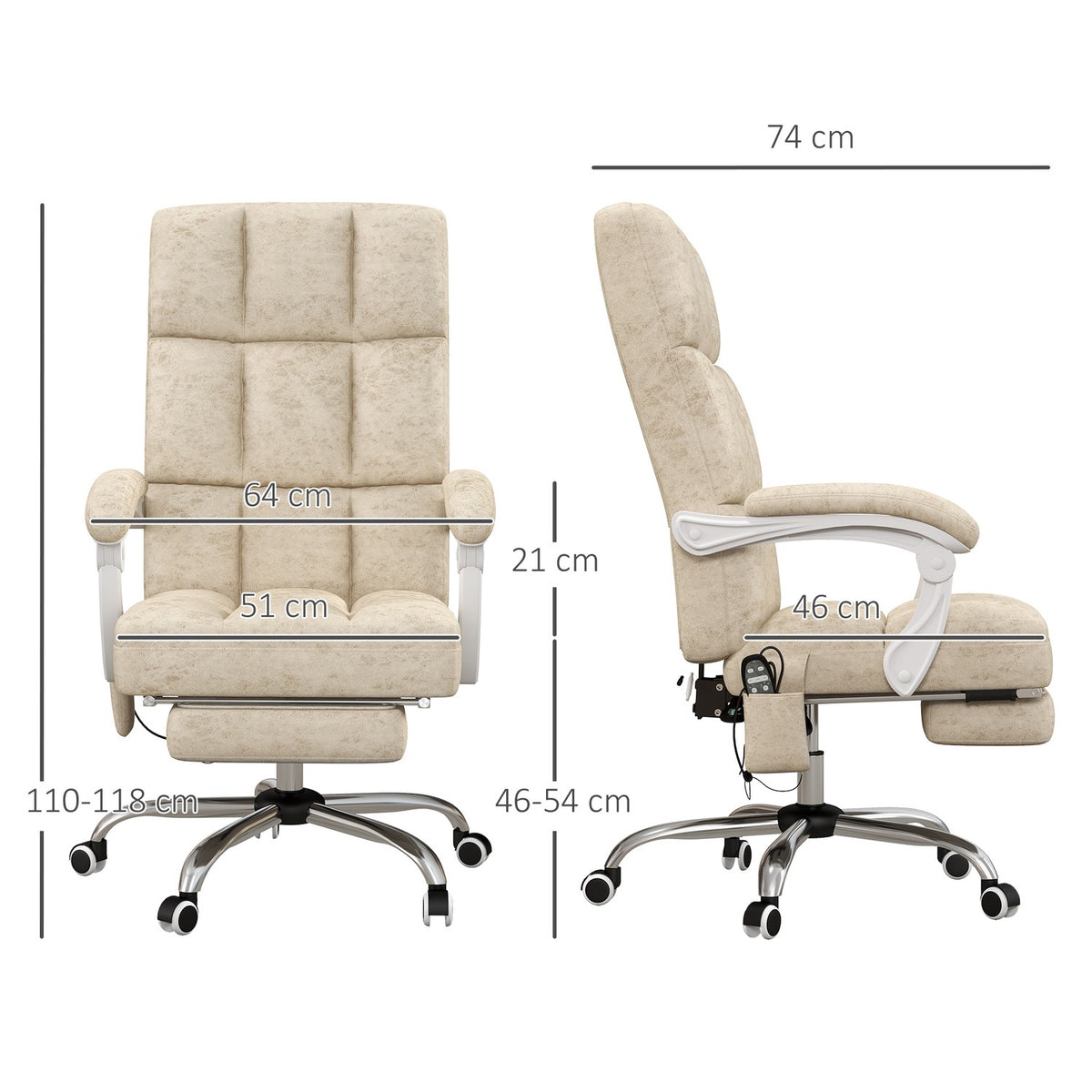 Office chair with massage and heat function, ergonomic, height adjustable, 4 massage points, polyester, 64W x 74D x 110-118H cm, beige