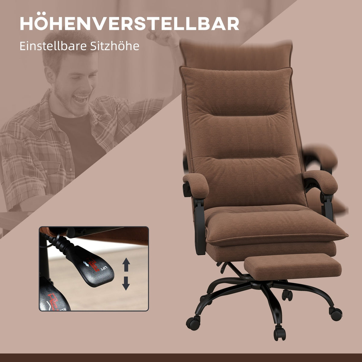 Office chair with massage function, 155° tilt, swivel chair with armrest, ergonomic desk chair, brown