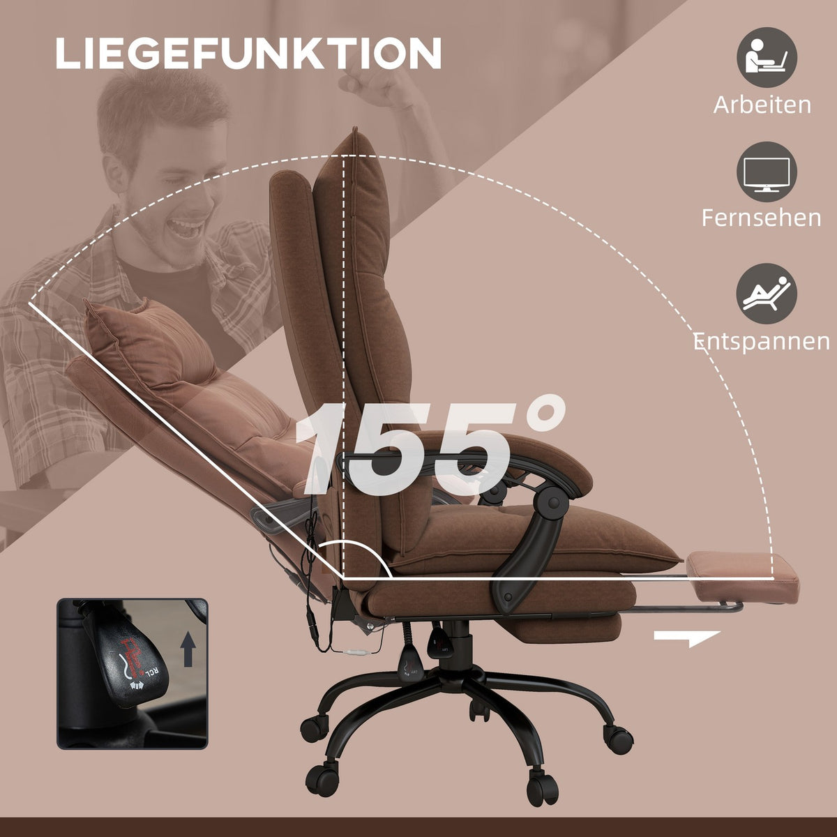 Office chair with massage function, 155° tilt, swivel chair with armrest, ergonomic desk chair, brown