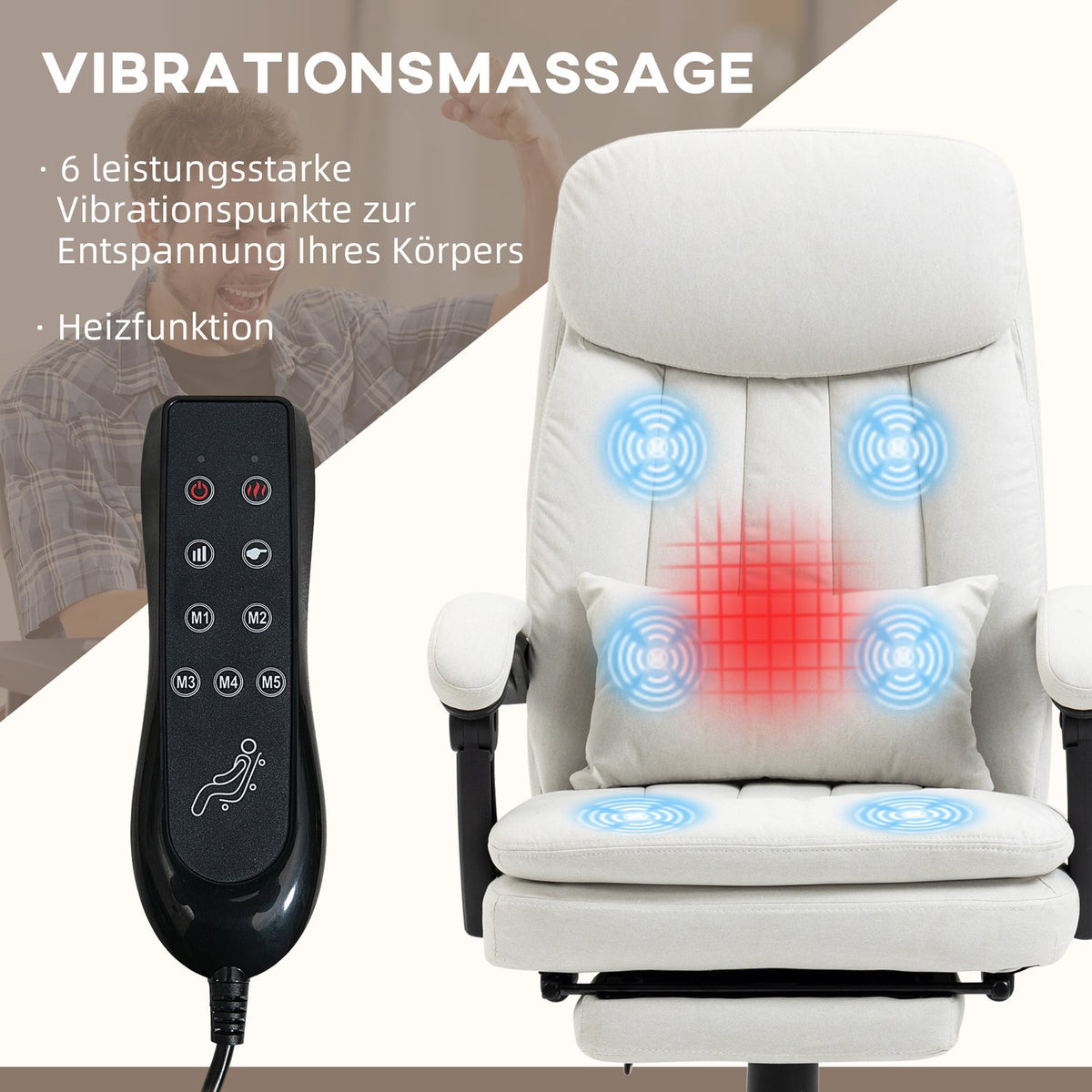 Office chair with massage function, ergonomic desk chair, height-adjustable executive chair, cream white