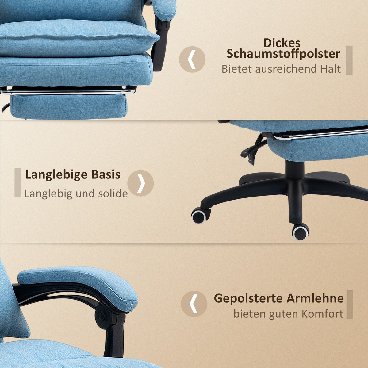 Office chair with massage function, ergonomic desk chair with reclining and swiveling function, height-adjustable computer chair with footrest, remote control and timer, blue