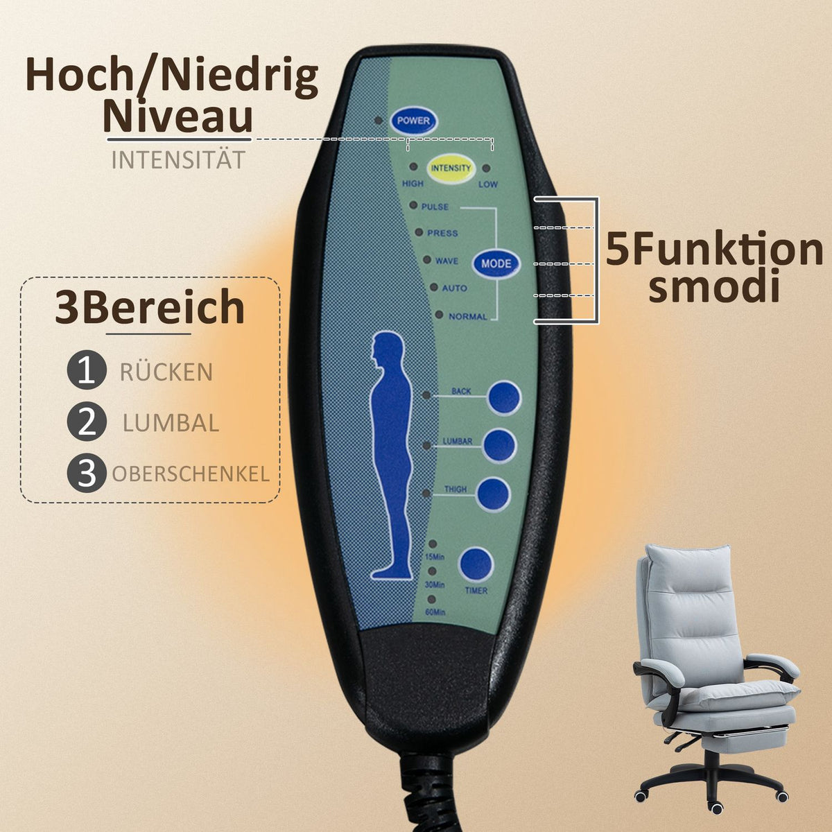 Office chair with massage function, ergonomic desk chair with reclining and swiveling function, height-adjustable computer chair with footrest, remote control and timer, light gray