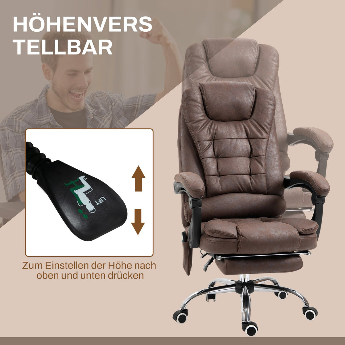 Office chair with massage function, ergonomic desk chair with reclining and warming function, height-adjustable computer chair with footrest