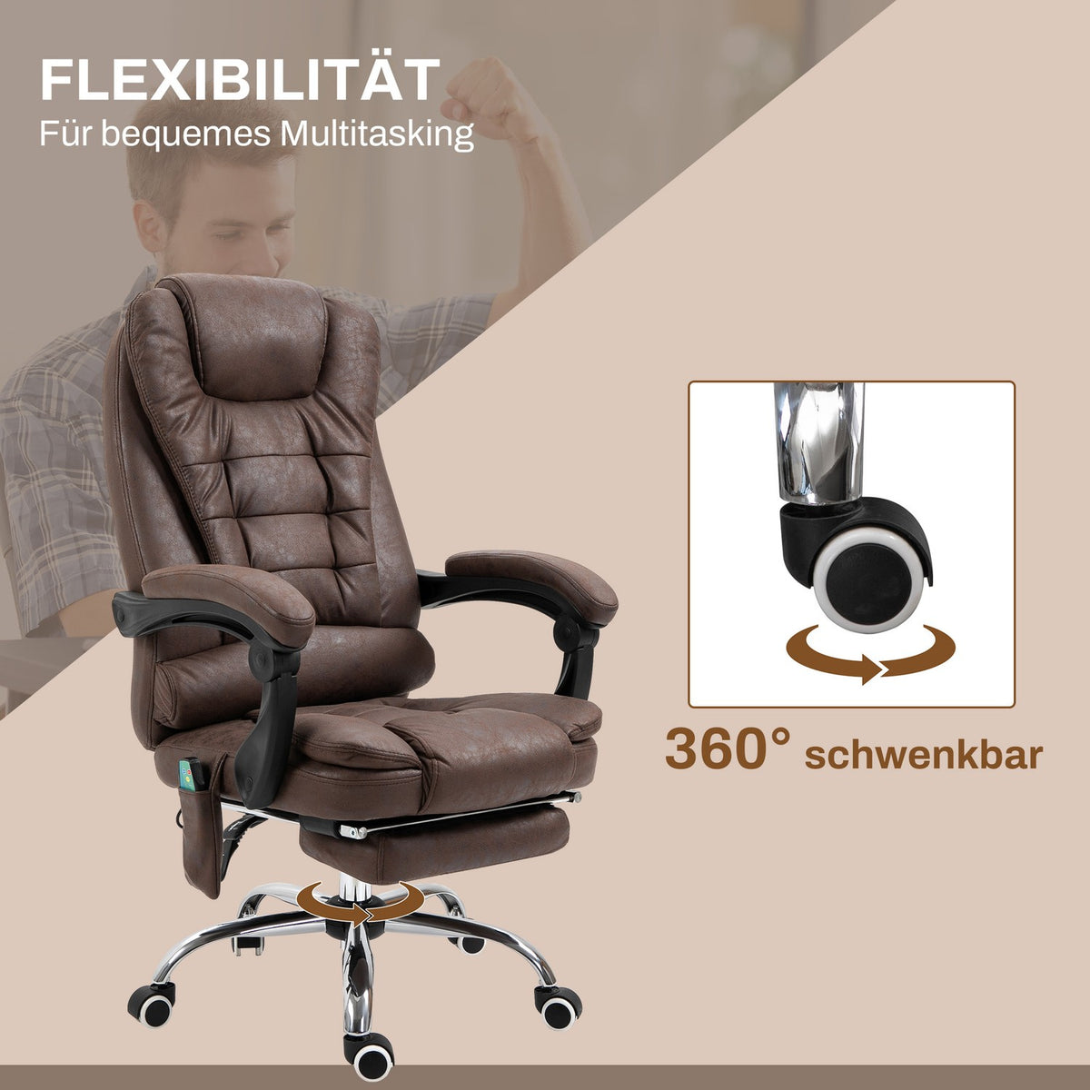 Office chair with massage function, ergonomic desk chair with reclining and warming function, height-adjustable computer chair with footrest