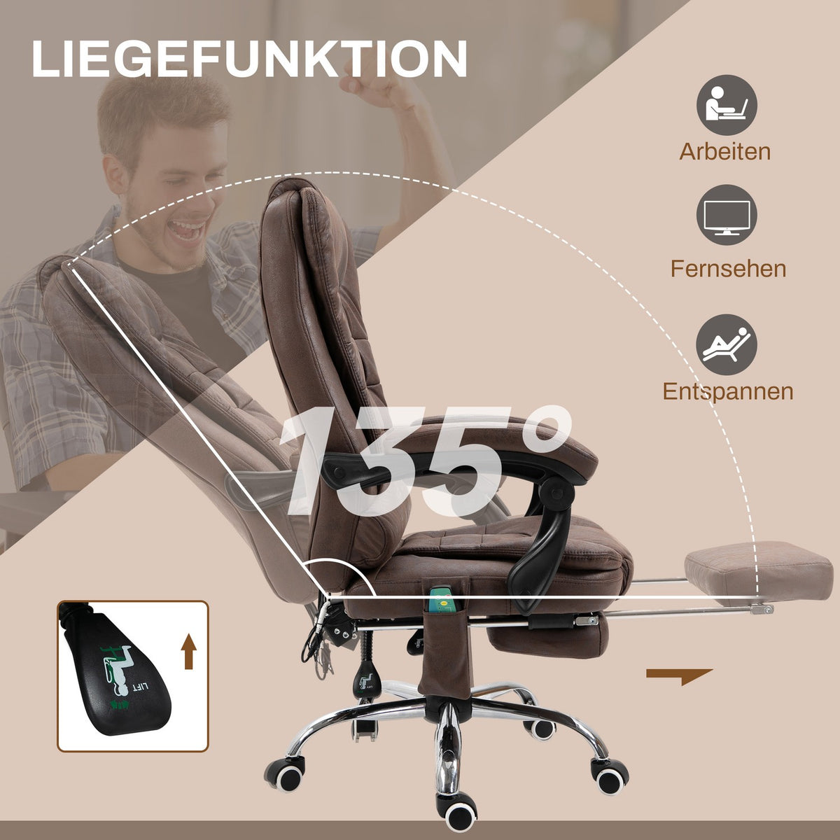 Office chair with massage function, ergonomic desk chair with reclining and warming function, height-adjustable computer chair with footrest