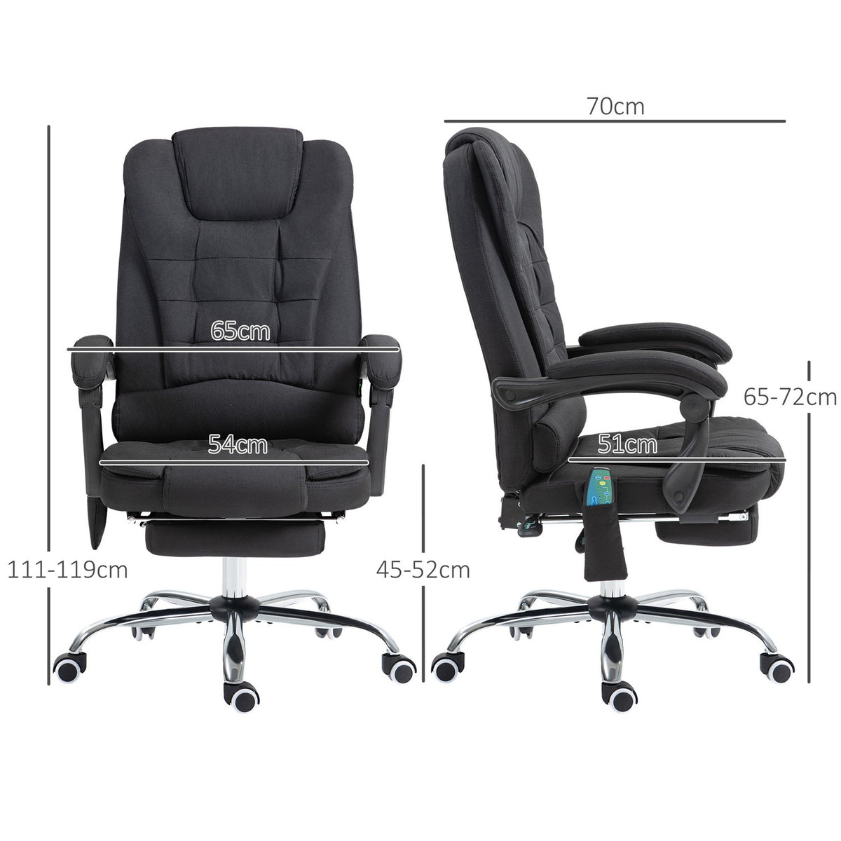 Office chair with massage function, ergonomic desk chair with reclining and warming function, height-adjustable computer chair with footrest, side pocket and remote control, black