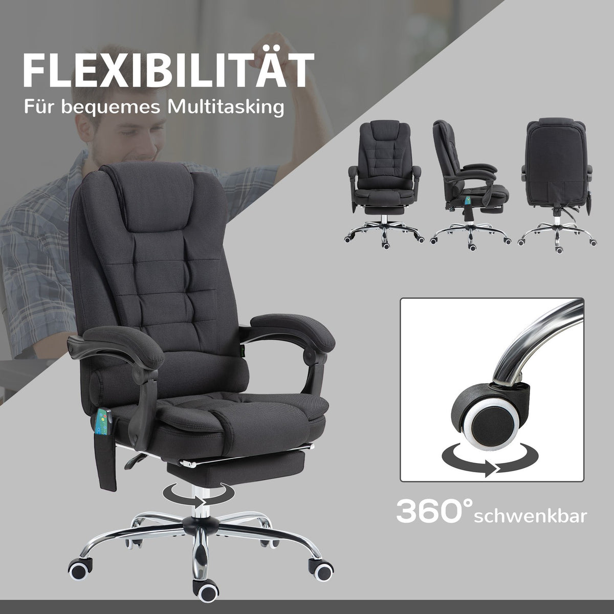 Office chair with massage function, ergonomic desk chair with reclining and warming function, height-adjustable computer chair with footrest, side pocket and remote control, black