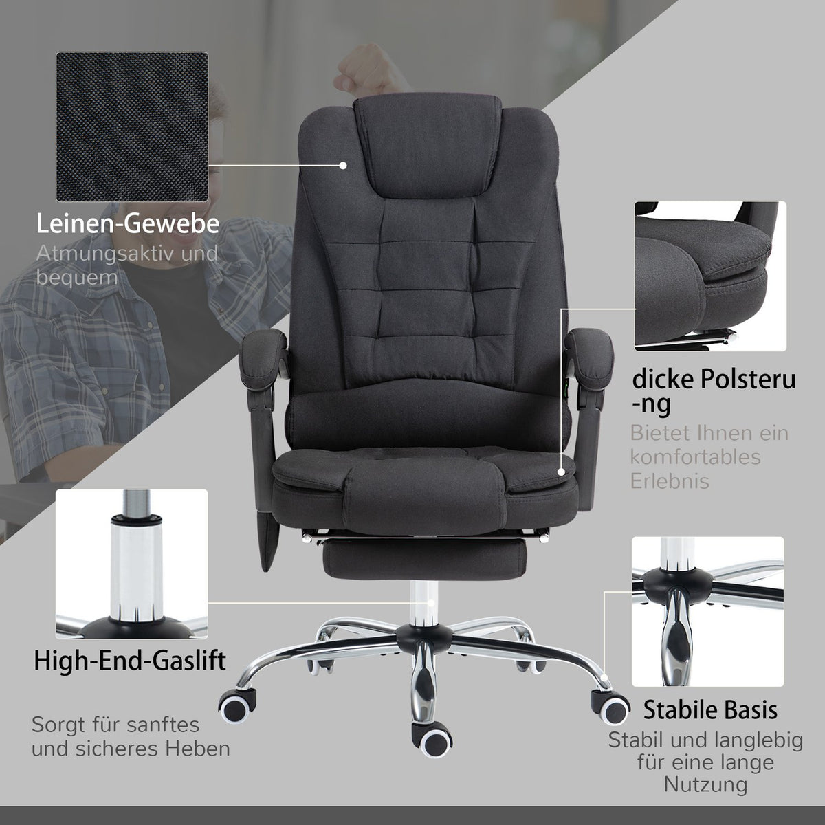Office chair with massage function, ergonomic desk chair with reclining and warming function, height-adjustable computer chair with footrest, side pocket and remote control, black