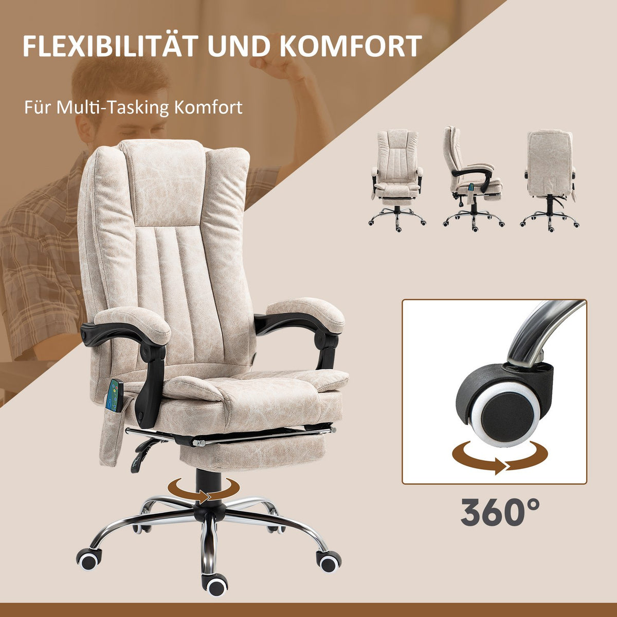 Office chair with massage function, ergonomic desk chair with reclining function, heating function, height-adjustable swivel chair with footrest, side pocket, cream white