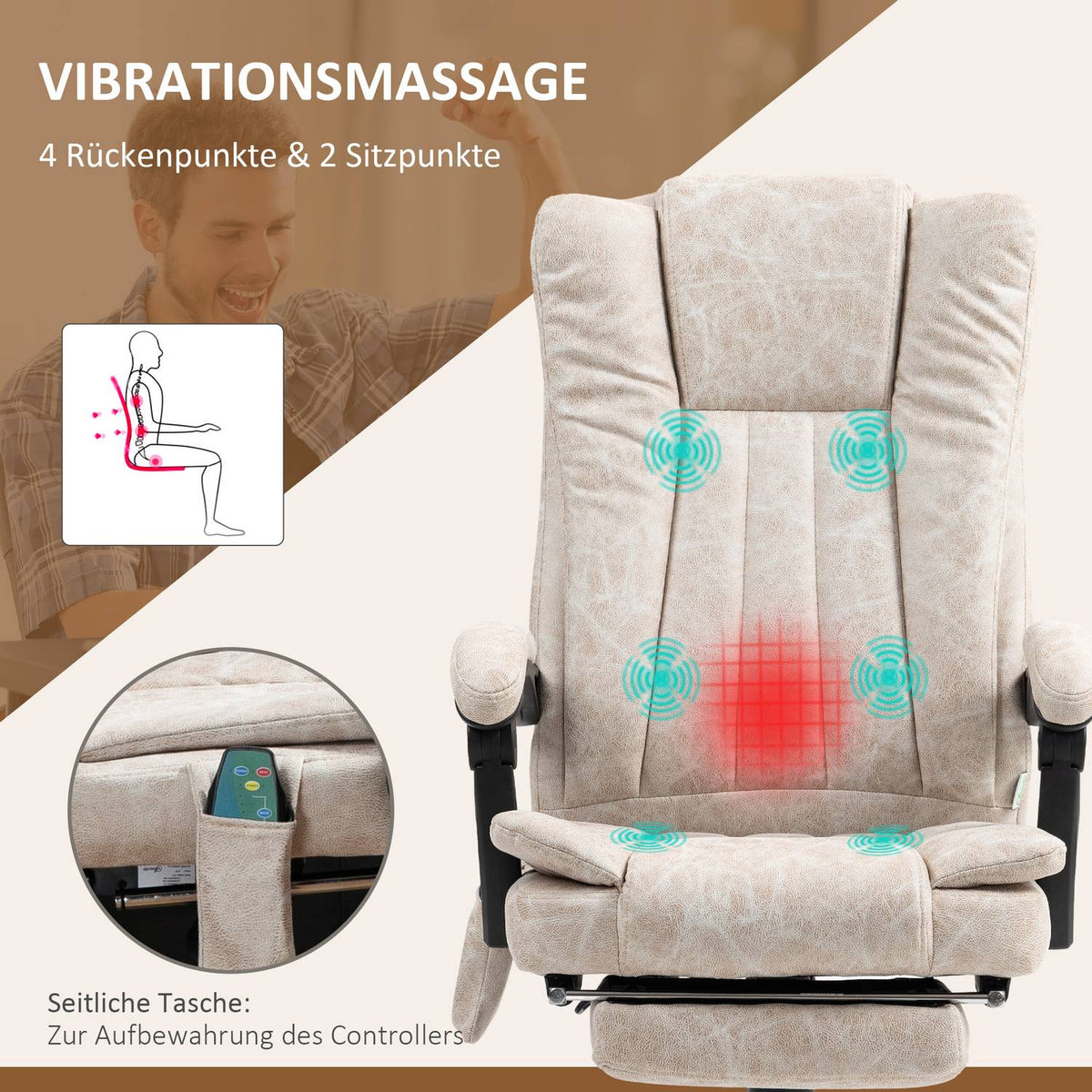 Office chair with massage function, ergonomic desk chair with reclining function, heating function, height-adjustable swivel chair with footrest, side pocket, cream white