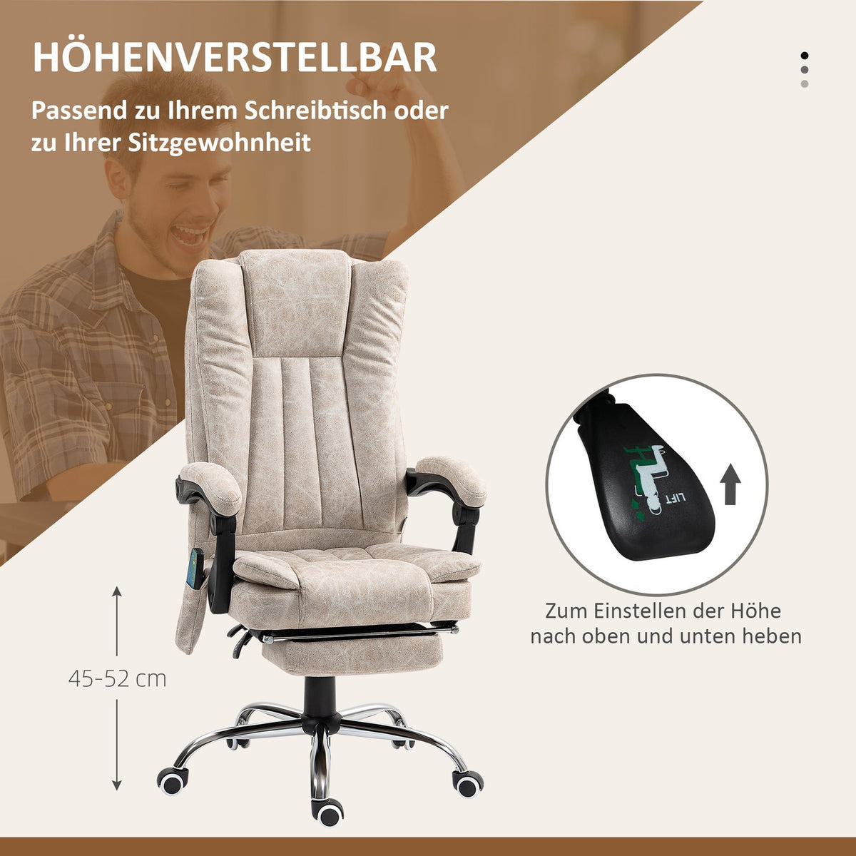 Office chair with massage function, ergonomic desk chair with reclining function, heating function, height-adjustable swivel chair with footrest, side pocket, cream white