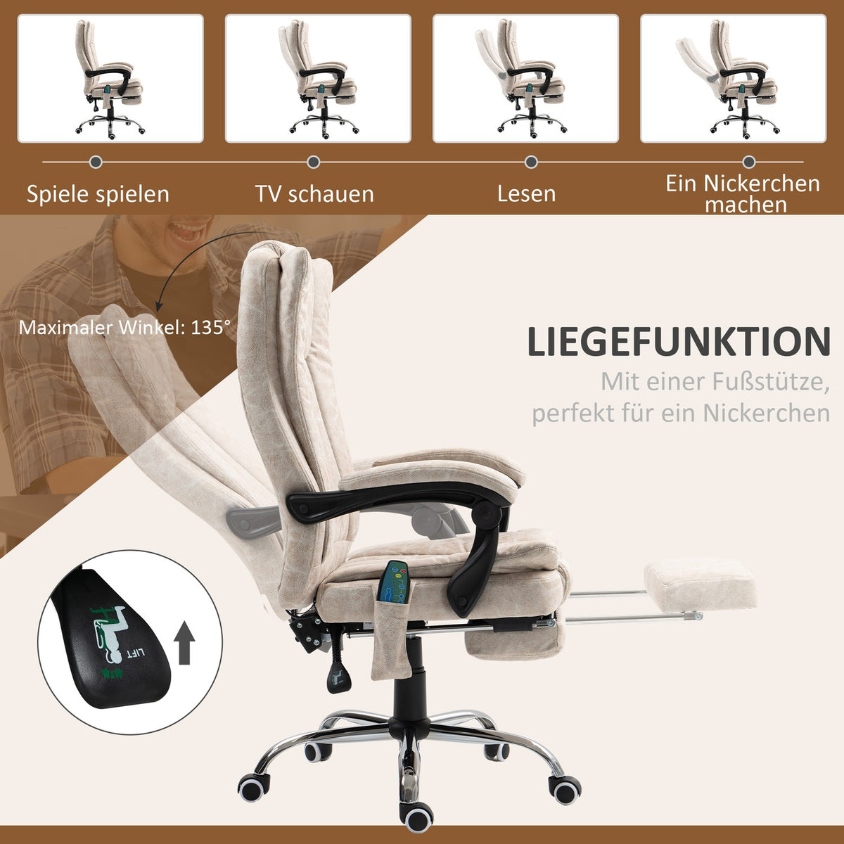 Office chair with massage function, ergonomic desk chair with reclining function, heating function, height-adjustable swivel chair with footrest, side pocket, cream white