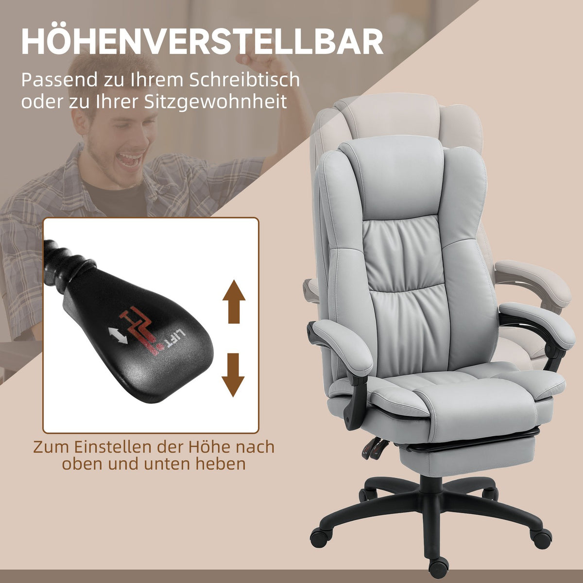Office chair with massage function, ergonomic desk chair with reclining function, height-adjustable executive chair with swivel function, footrest, remote control, faux leather, light gray