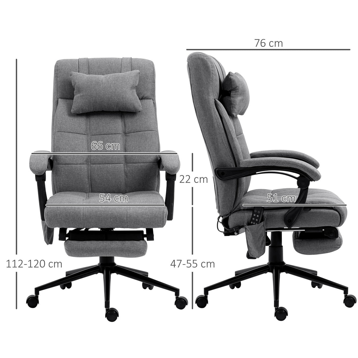 Office chair with massage function, ergonomic, height adjustable, lumbar heating, footrest, headrest, polyester, 66x76x112-120cm, gray
