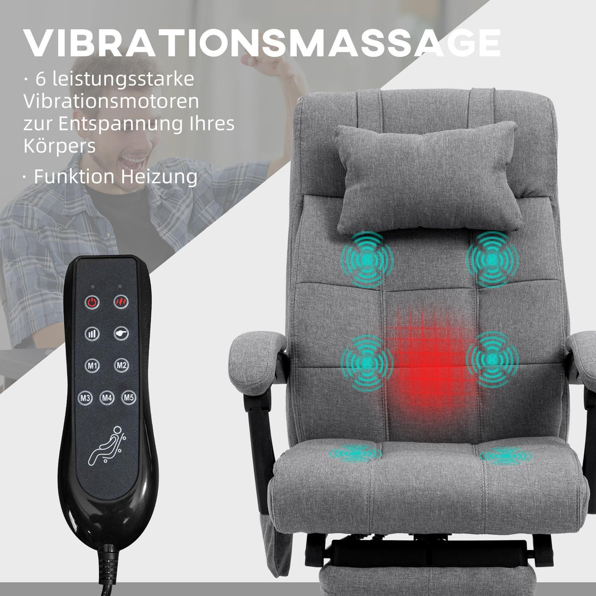 Office chair with massage function, ergonomic, height adjustable, lumbar heating, footrest, headrest, polyester, 66x76x112-120cm, gray