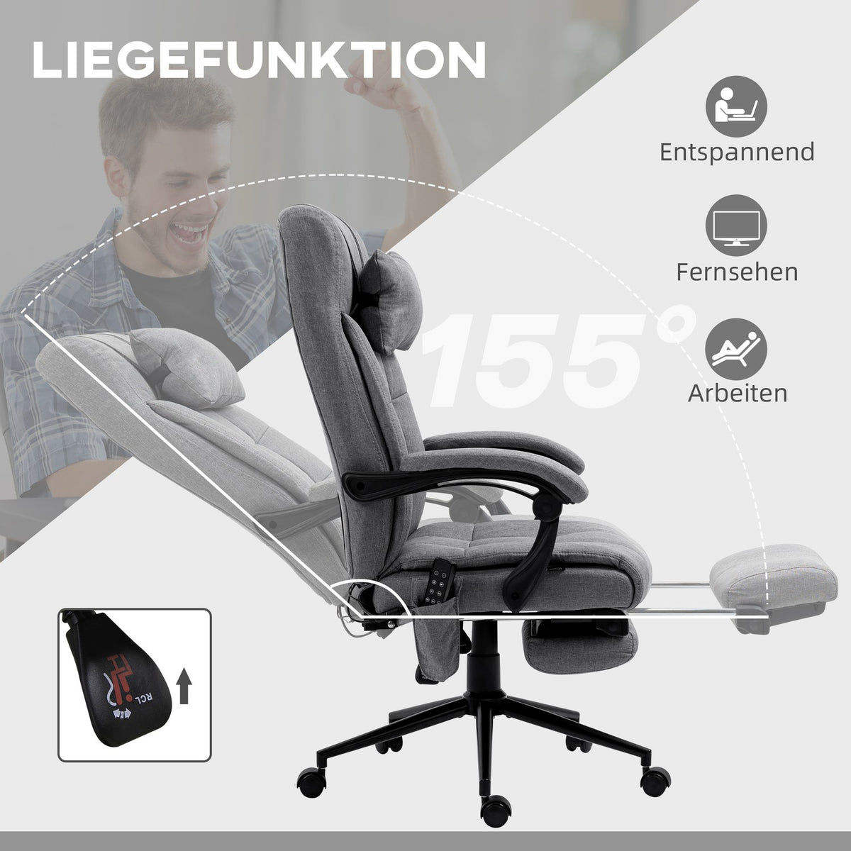 Office chair with massage function, ergonomic, height adjustable, lumbar heating, footrest, headrest, polyester, 66x76x112-120cm, gray