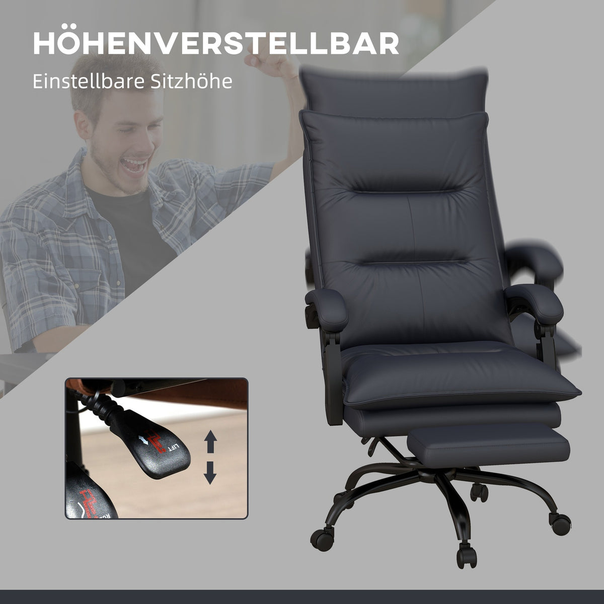Office chair with massage function, height-adjustable desk chair, computer chair with footrest, light gray