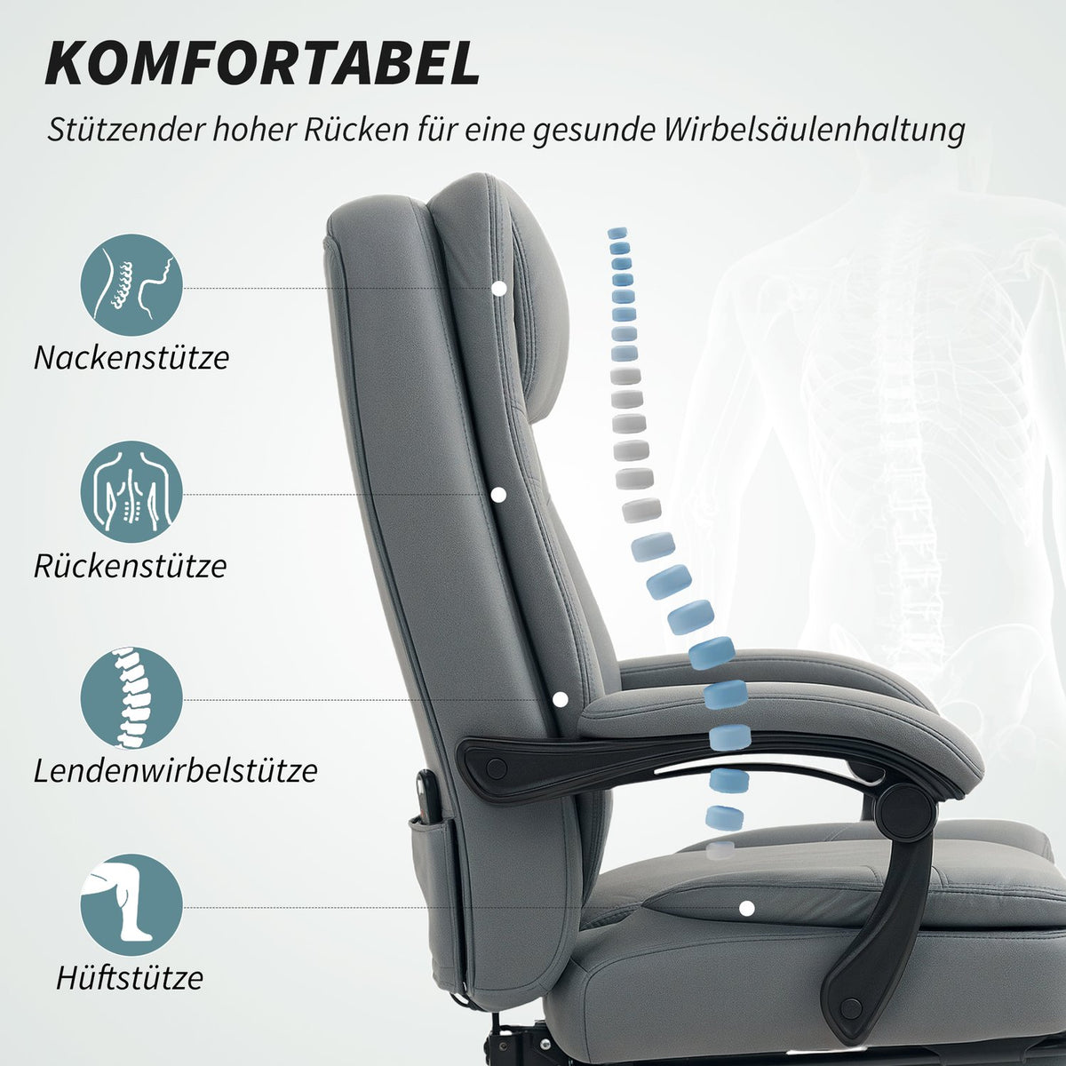 Office chair with massage function, height-adjustable desk chair with tilting backrest, upholstered, on wheels, grey