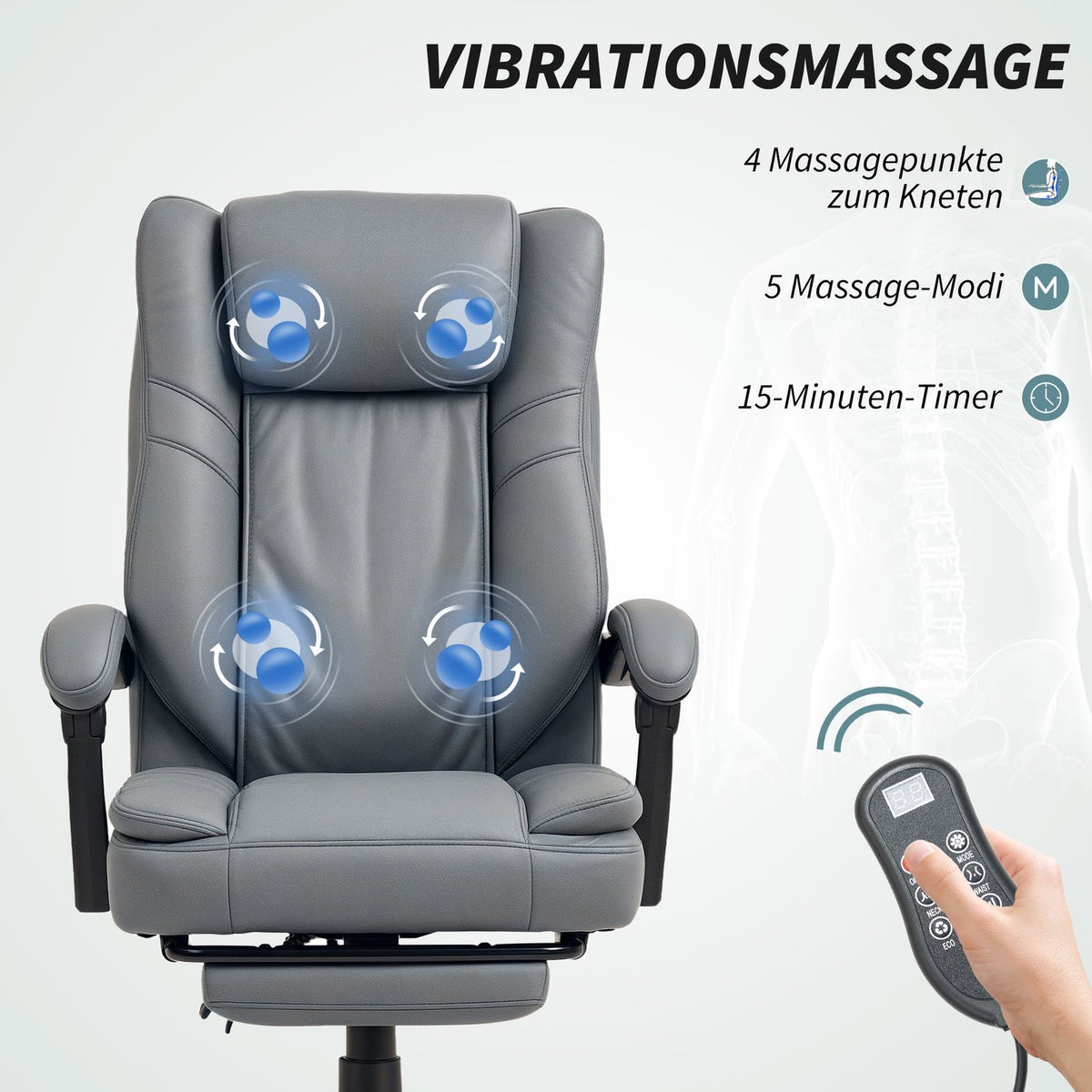 Office chair with massage function, height-adjustable desk chair with tilting backrest, upholstered, on wheels, grey