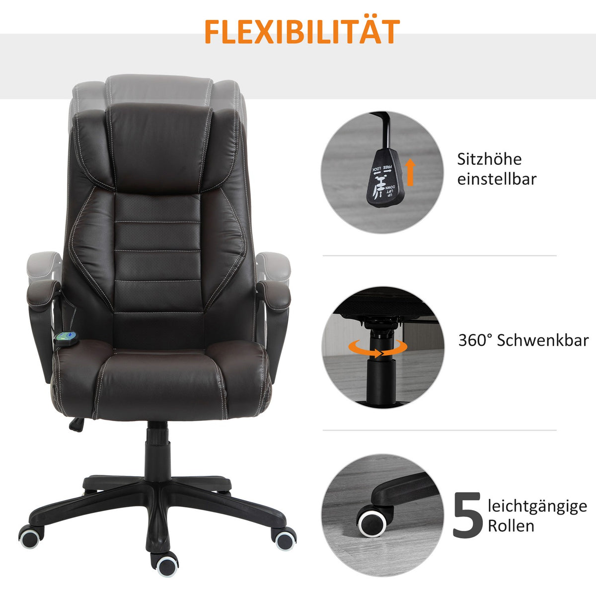 Office chair with massage function, height-adjustable executive chair, ergonomic swivel chair, 6 vibration points, brown