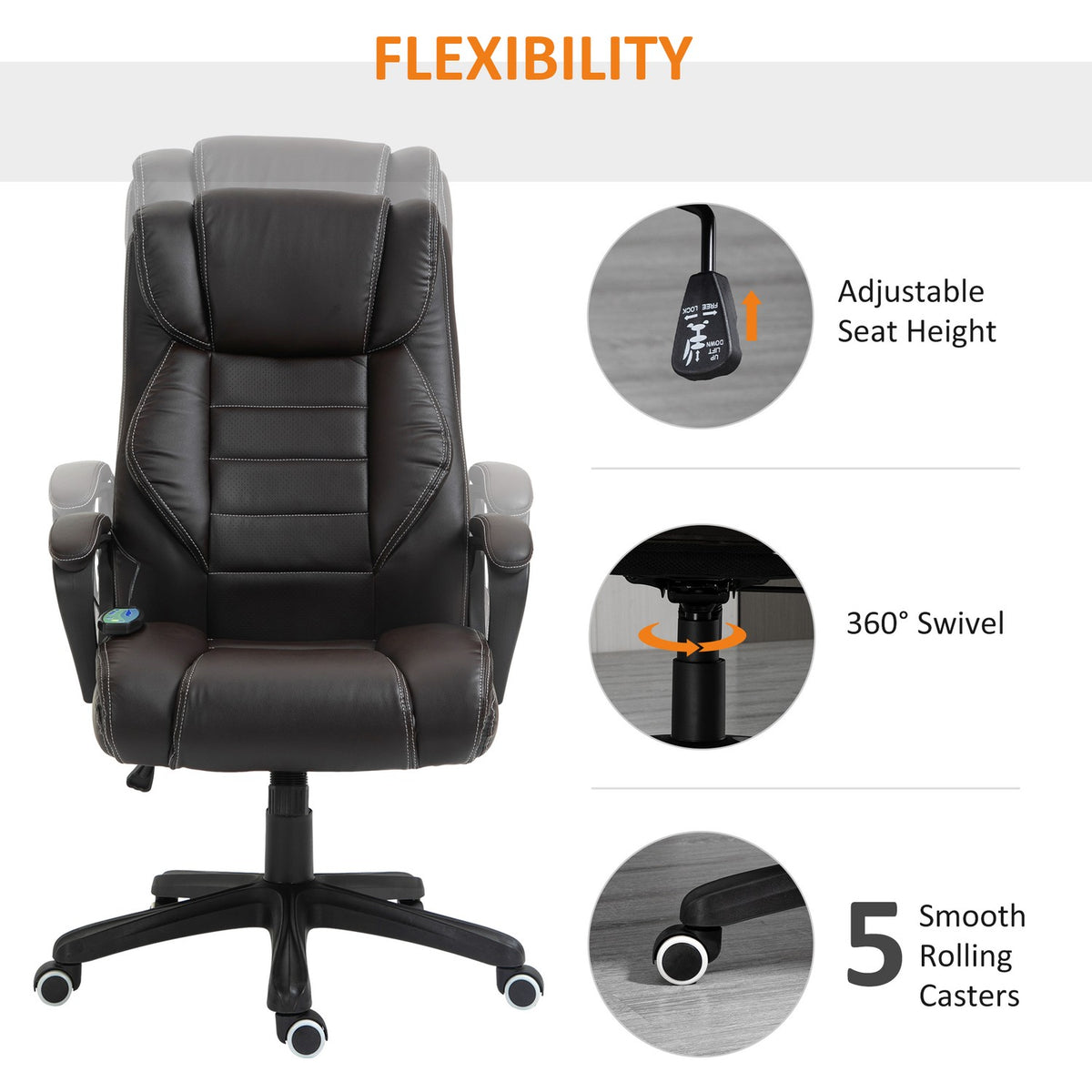 Office chair with massage function, height-adjustable executive chair, ergonomic swivel chair, 6 vibration points, brown