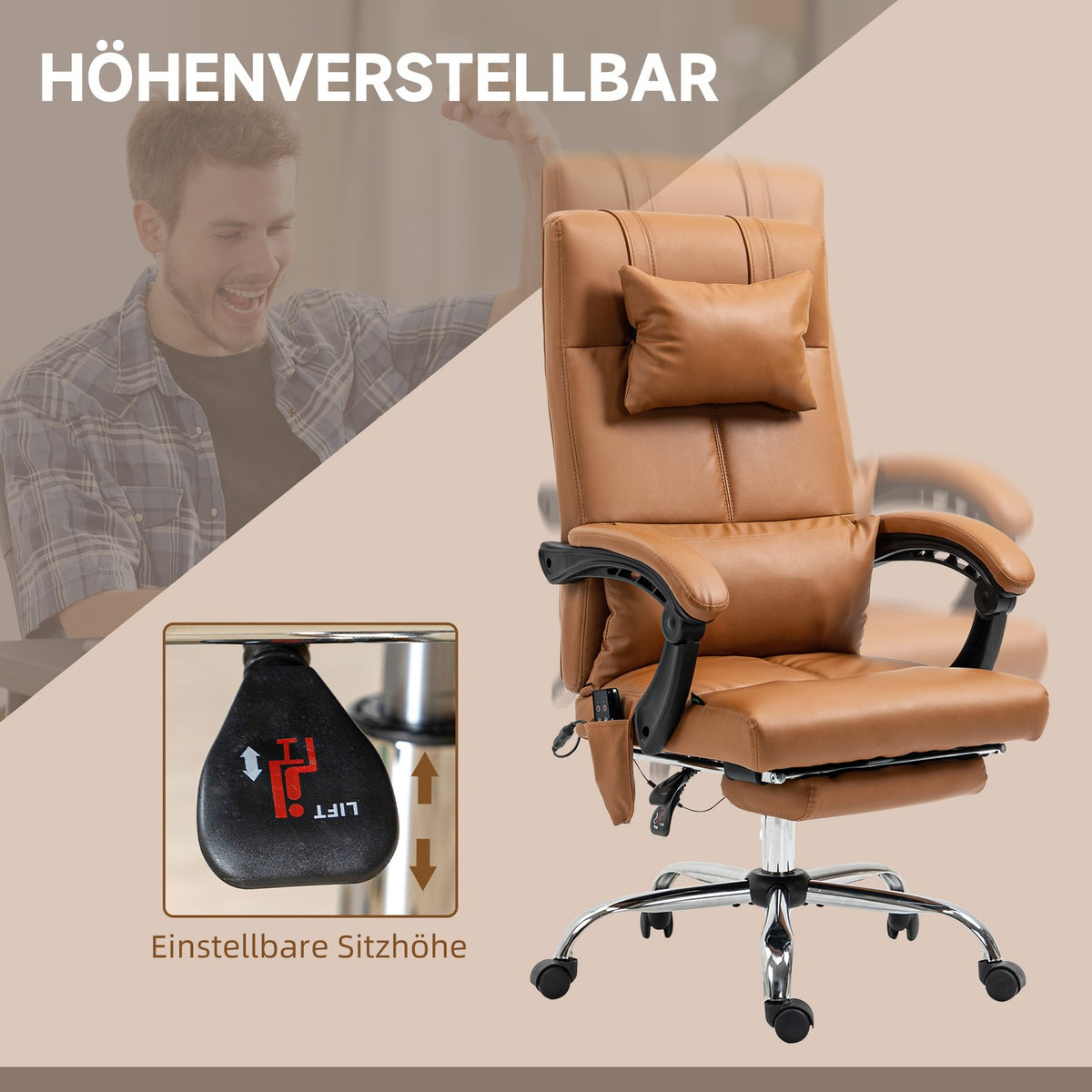 Office chair with massage function, lumbar heating, 6 massage points, 5 modes, load 120 kg, 66x67x115-123cm, artificial leather, light brown