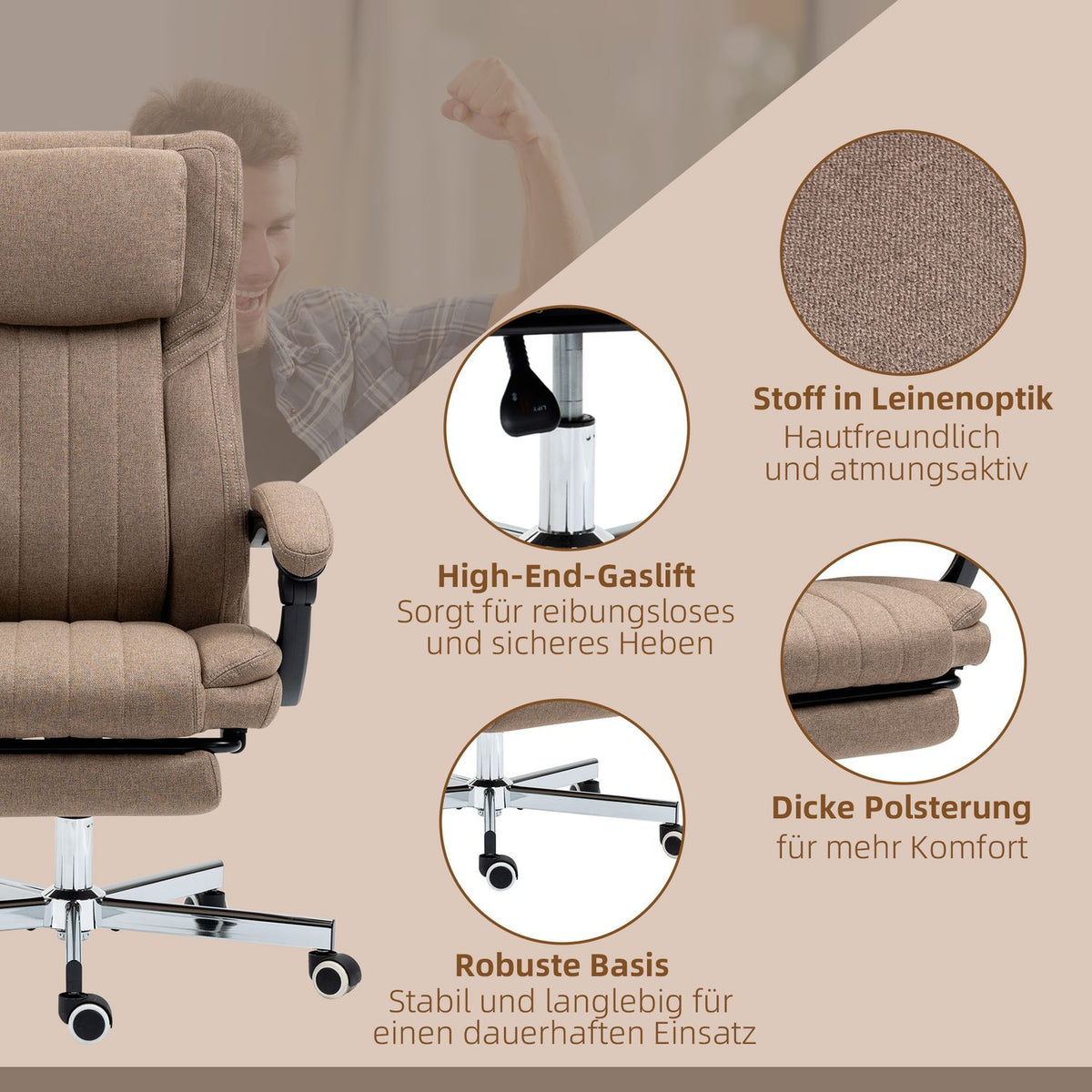 Office chair with massage function, reclining backrest, extendable footrest, linen look, 65 x 61 x 113 cm, brown