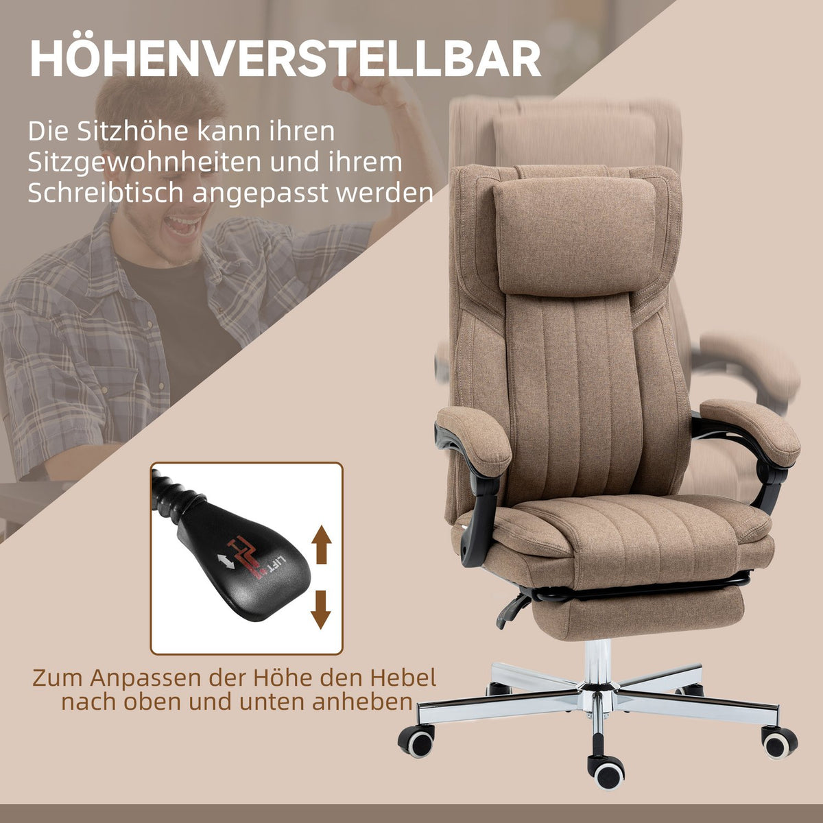 Office chair with massage function, reclining backrest, extendable footrest, linen look, 65 x 61 x 113 cm, brown