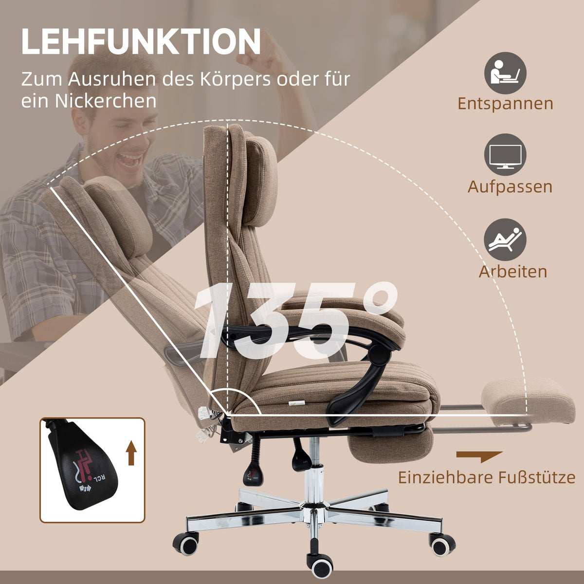 Office chair with massage function, reclining backrest, extendable footrest, linen look, 65 x 61 x 113 cm, brown