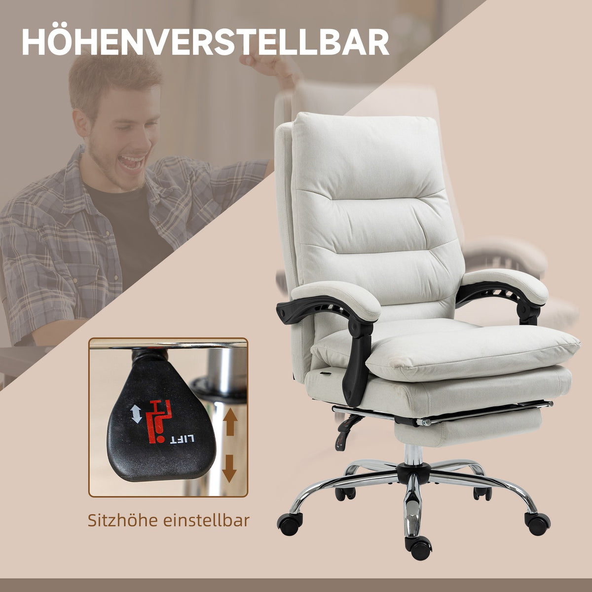 Office chair with massage function, with 135° tilting backrest, height adjustable, load 120 kg artificial leather 65x72x109-117cm cream white