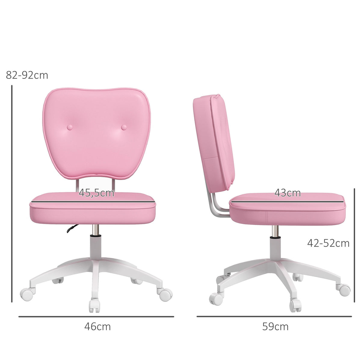 Office chair without armrests, 82-92H cm, children's swivel chair, height-adjustable, load capacity up to 120 kg, pink